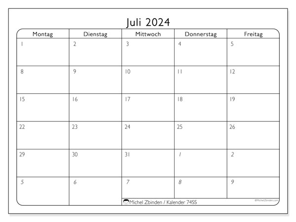 Kalender Juli 2024, 74SS, druckfertig und kostenlos.