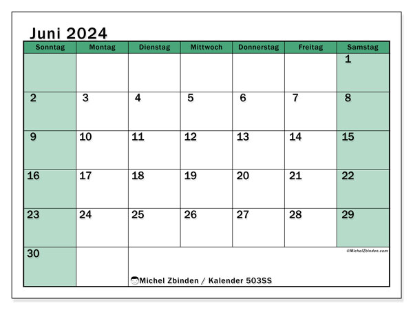 Kalender Juni 2024, 503SS, druckfertig und kostenlos.