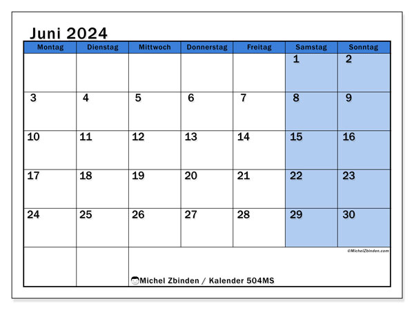 Kalender Juni 2024, 504MS, druckfertig und kostenlos.