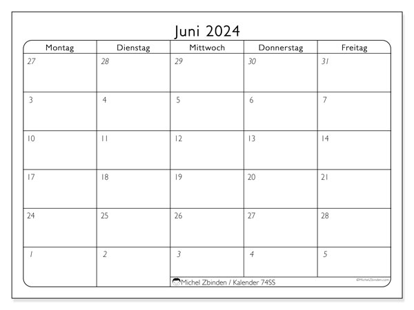 Kalender Juni 2024, 74SS, druckfertig und kostenlos.