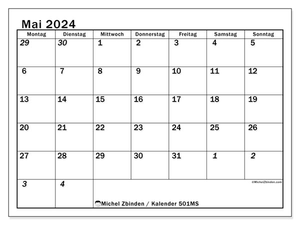 Kalender Mai 2024, 501MS, druckfertig und kostenlos.