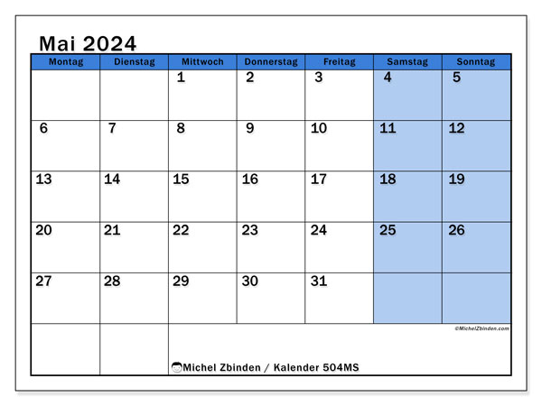Kalender Mai 2024, 504MS, druckfertig und kostenlos.