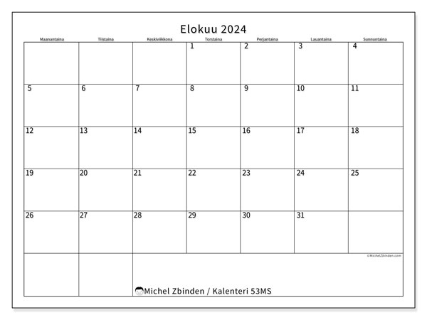 Tulostettava kalenteri, elokuu 2024, 53MS