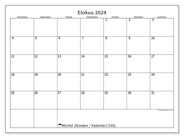 Tulostettava kalenteri, elokuu 2024, 53SL