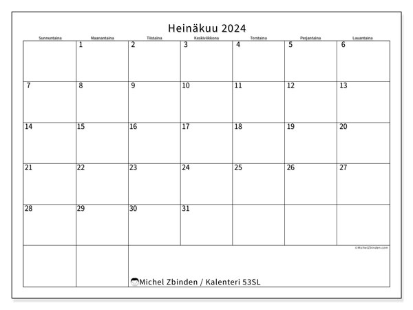 Tulostettava kalenteri, heinäkuu 2024, 53SL