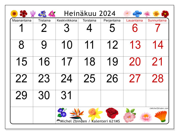 Kalenteri heinäkuu 2024, 621MS, valmiina tulostettavaksi ja maksutta.