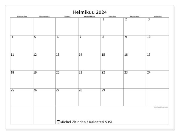Tulostettava kalenteri, helmikuu 2024, 53SL