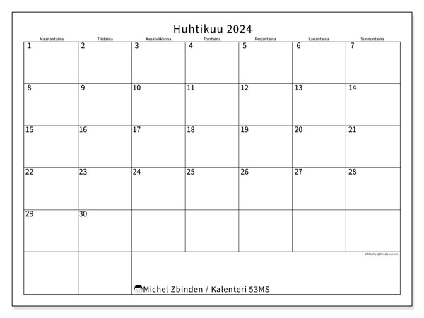 Tulostettava kalenteri, huhtikuu 2024, 53MS