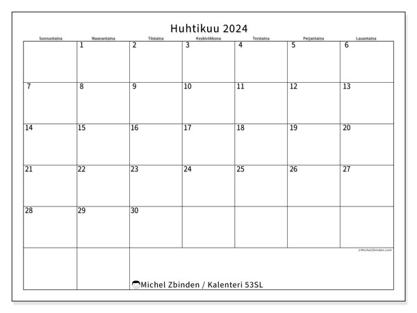 Tulostettava kalenteri, huhtikuu 2024, 53SL
