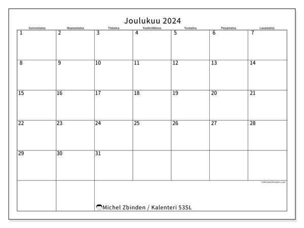Tulostettava kalenteri, joulukuu 2024, 53SL