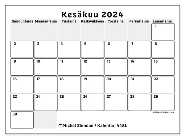 Kalenteri kesäkuu 2024, 44SL, valmiina tulostettavaksi ja maksutta.