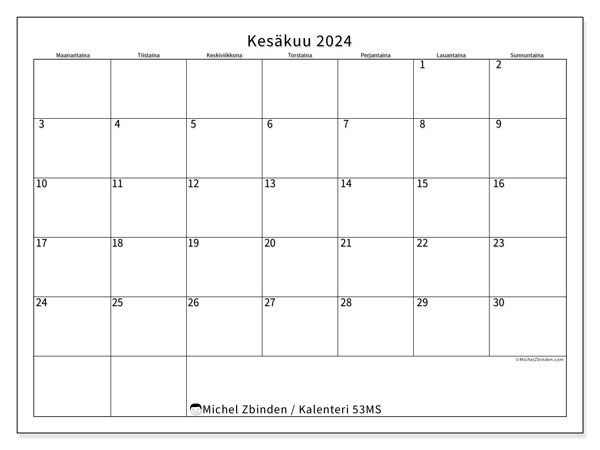 Tulostettava kalenteri, kesäkuu 2024, 53MS
