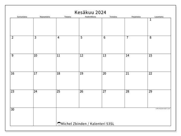 Tulostettava kalenteri, kesäkuu 2024, 53SL