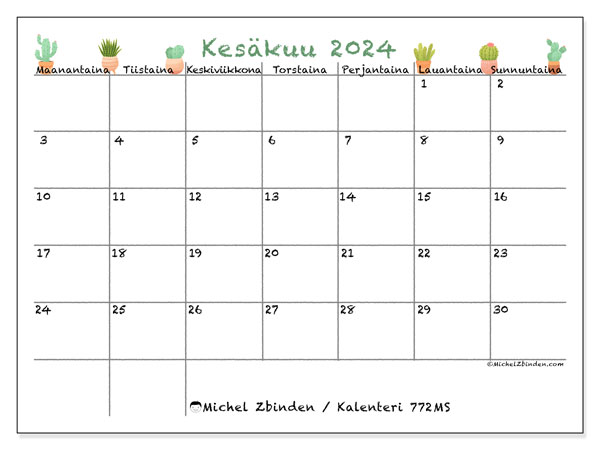 Kalenteri kesäkuu 2024, 772MS, valmiina tulostettavaksi ja maksutta.