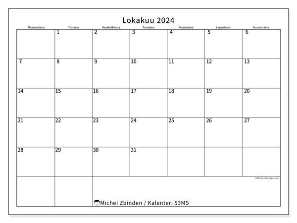 Tulostettava kalenteri, lokakuu 2024, 53MS