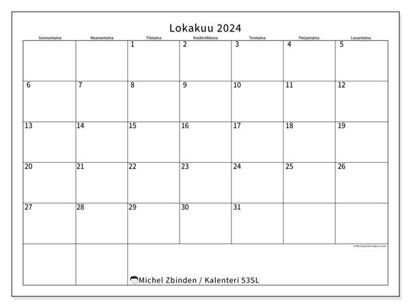 Tulostettava kalenteri, lokakuu 2024, 53SL