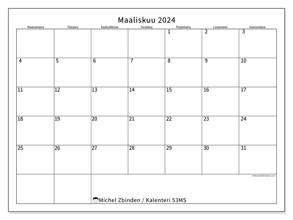 Tulostettava kalenteri, maaliskuu 2024, 53MS