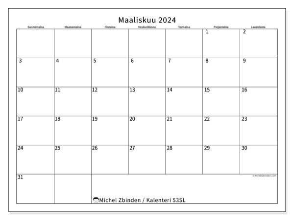 Tulostettava kalenteri, maaliskuu 2024, 53SL
