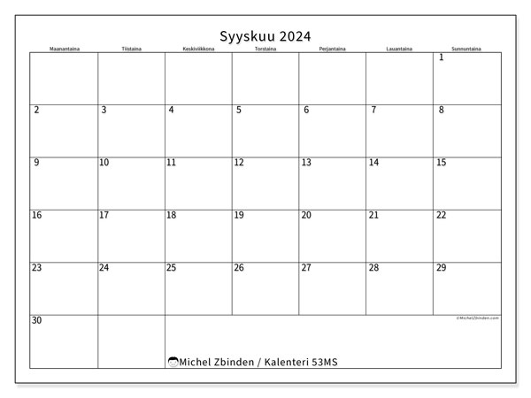 Tulostettava kalenteri, syyskuu 2024, 53MS