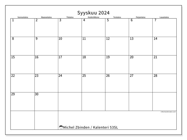 Tulostettava kalenteri, syyskuu 2024, 53SL