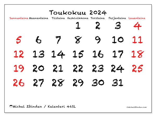 Kalenteri toukokuu 2024, 46SL, valmiina tulostettavaksi ja maksutta.