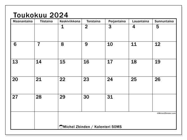 Kalenteri toukokuu 2024, 50MS, valmiina tulostettavaksi ja maksutta.