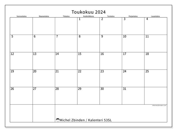 Tulostettava kalenteri, toukokuu 2024, 53SL