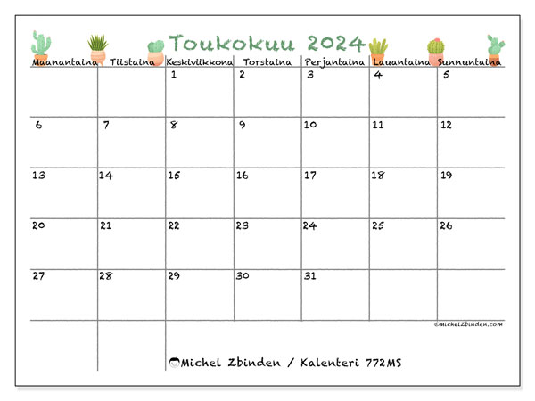 Kalenteri toukokuu 2024, 772MS, valmiina tulostettavaksi ja maksutta.