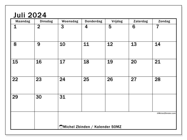 Kalender juli 2024 “50”. Gratis afdrukbaar programma.. Maandag tot zondag