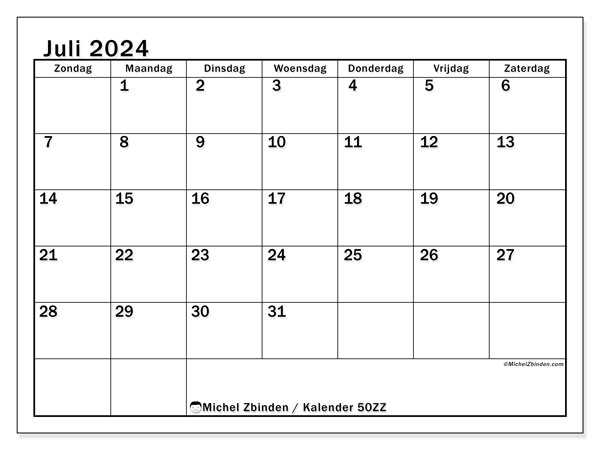 Kalender juli 2024 “50”. Gratis afdrukbaar programma.. Zondag tot zaterdag