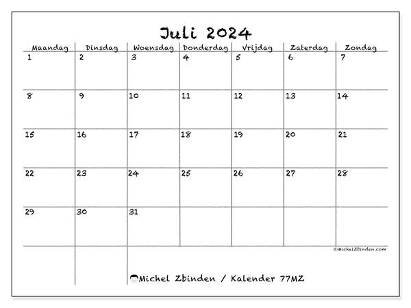 Kalender juli 2024, 77MZ, klaar om af te drukken, gratis.