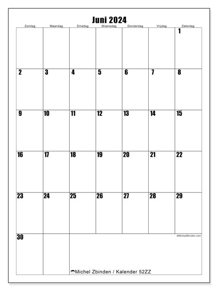 Kalender juni 2024, 52ZZ, klaar om af te drukken, gratis.