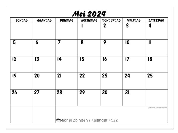 Kalender mei 2024, 45ZZ, klaar om af te drukken, gratis.