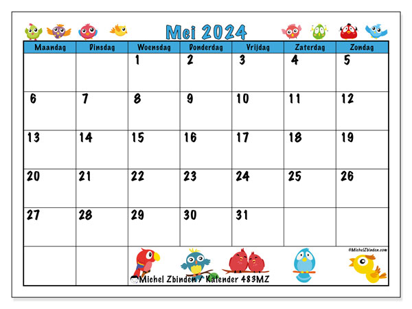 Kalender mei 2024, 483MZ, klaar om af te drukken, gratis.