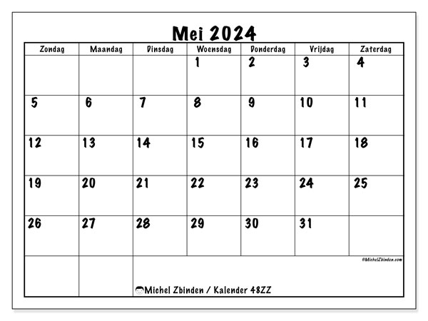 Kalender mei 2024, 48ZZ, klaar om af te drukken, gratis.