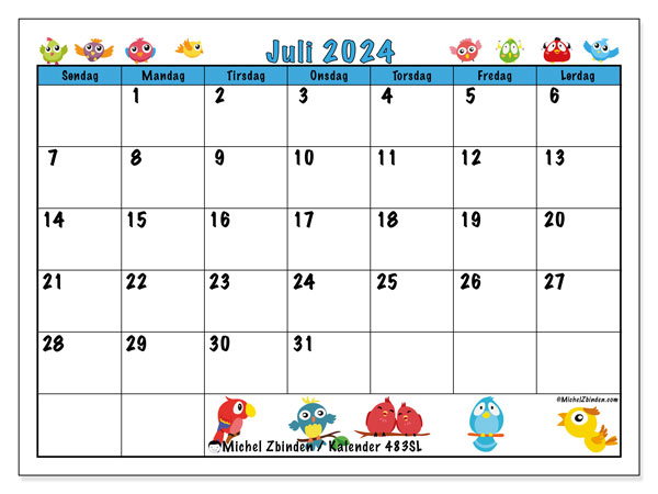 Kalender juli 2024, 483SL, klar til utskrift og gratis.