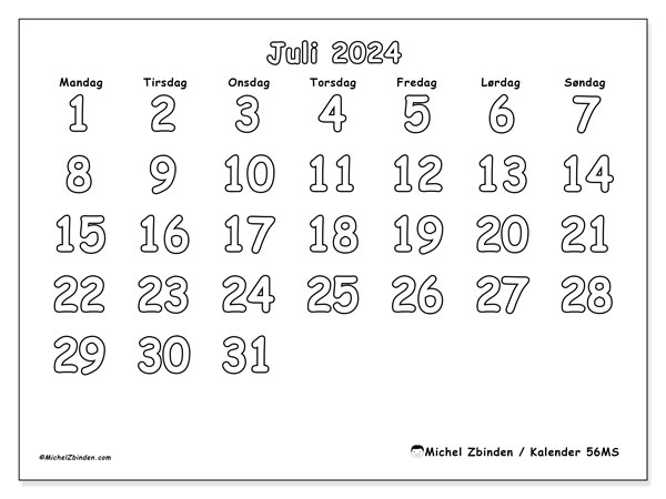 Kalender juli 2024, 56MS, klar til utskrift og gratis.
