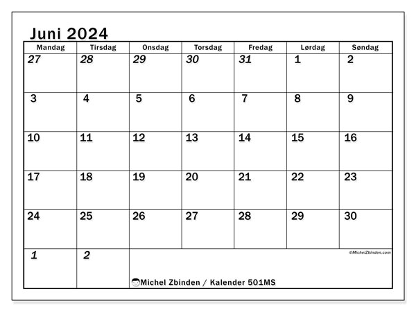 Kalender juni 2024, 501MS, klar til utskrift og gratis.