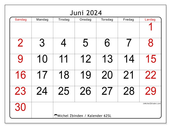 Kalender juni 2024, 62SL, klar til utskrift og gratis.