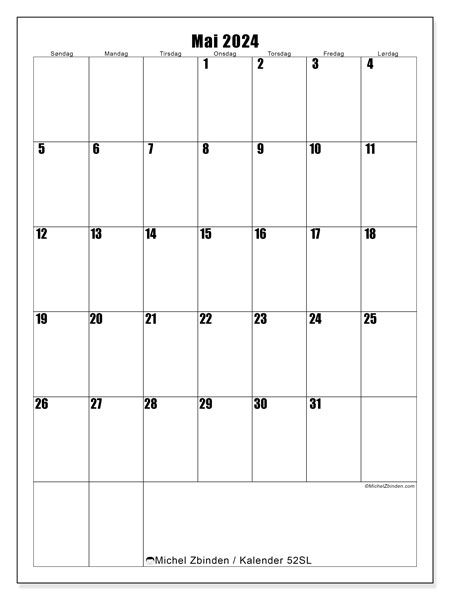 Kalender mai 2024, 52SL, klar til utskrift og gratis.
