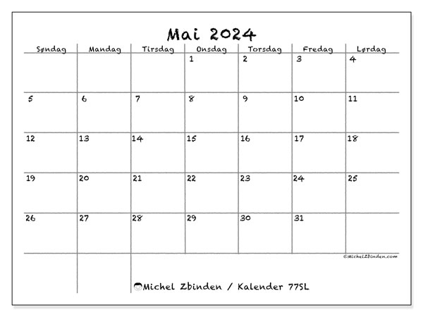 Kalender mai 2024, 77SL, klar til utskrift og gratis.