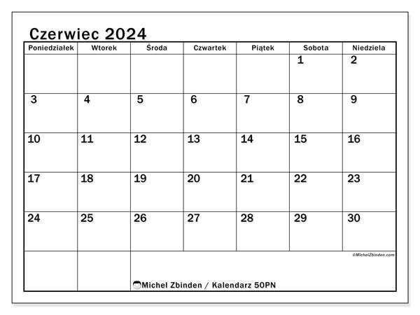 Kalendarz do druku, czerwiec 2024, 50PN