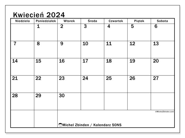 Kalendarz do druku, kwiecień 2024, 50NS
