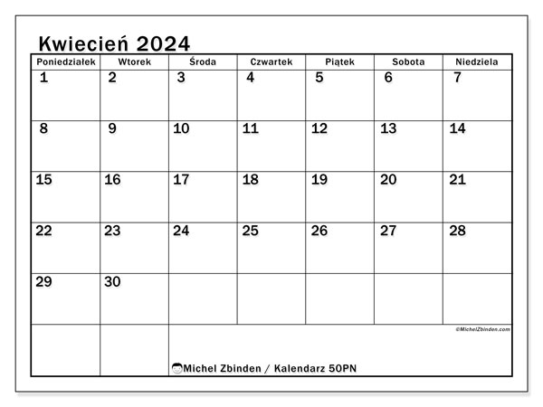 Kalendarz do druku, kwiecień 2024, 50PN