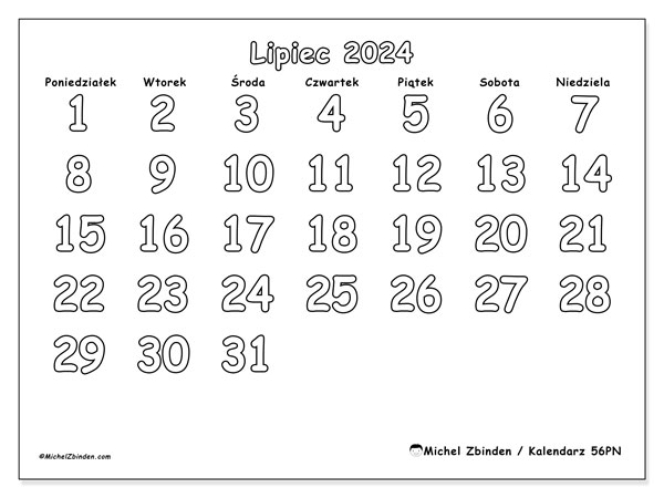 Kalendarz lipiec 2024, 56PN, gotowe do druku i darmowe.