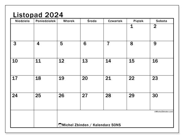 Kalendarz listopad 2024 “50”. Darmowy kalendarz do druku.. Od niedzieli do soboty