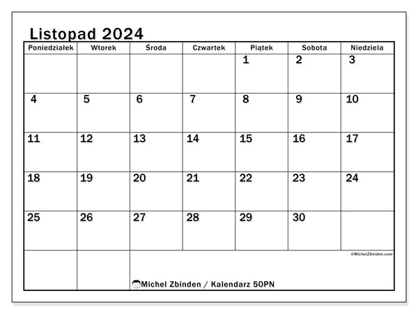 Kalendarz listopad 2024 “50”. Darmowy kalendarz do druku.. Od poniedziałku do niedzieli
