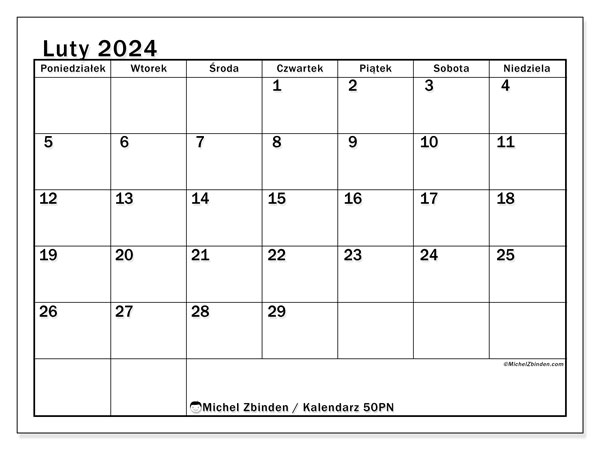 Kalendarz do druku, luty 2024, 50PN