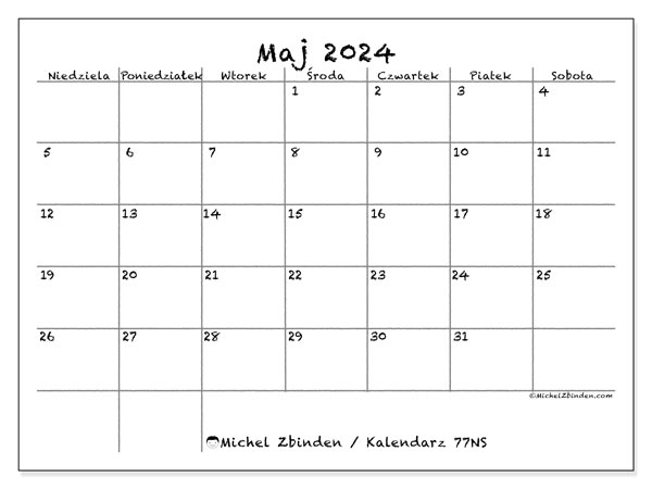 Kalendarz maj 2024, 77NS, gotowe do druku i darmowe.