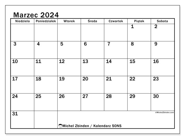 Kalendarz do druku, marzec 2024, 50NS